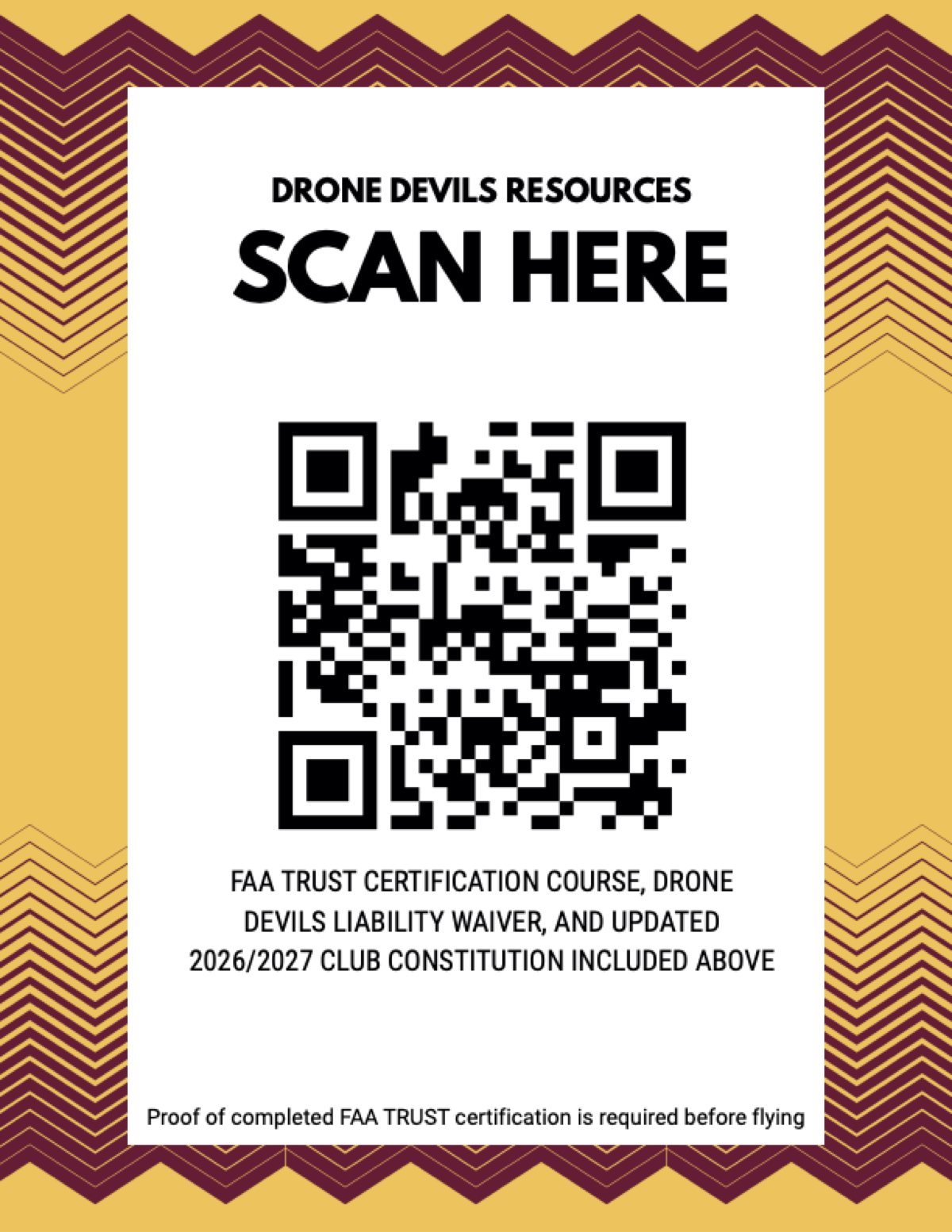 Drone Devils resources poster with a QR code for the FAA TRUST course, liability waiver and club constitution